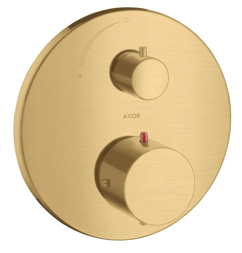 Thermostat-Unterputz mit zwei Reglern in Brushed Gold Optik, angebracht an einer glatten Wand. Das Produkt stammt von der Marke AXOR.